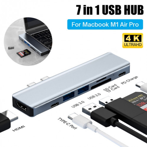 BYL-2101 Adaptateur HUB de station d'accueil double USB-C / Type-C vers USB 7 en 1 (Argent) SH514S32-08