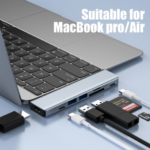 BYL-2101 Adaptateur HUB de station d'accueil double USB-C / Type-C vers USB 7 en 1 (Argent) SH514S32-08