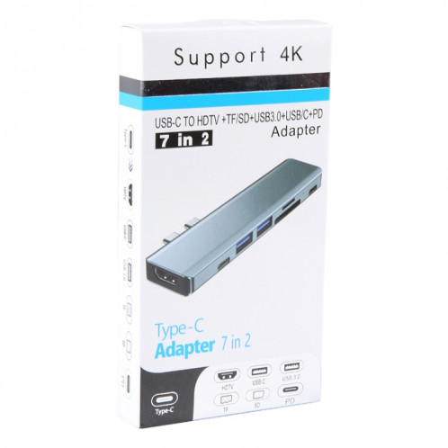 BYL-2101 Adaptateur HUB de station d'accueil double USB-C / Type-C vers USB 7 en 1 (Argent) SH514S32-08