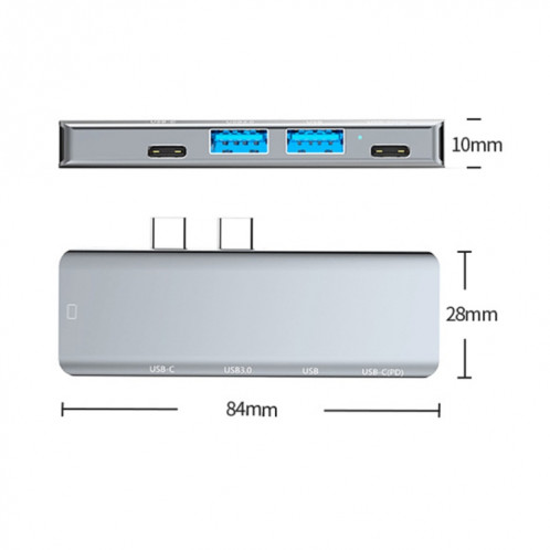 YG-2102 Adaptateur HUB de station d'accueil double USB-C / Type-C vers USB 5 en 1 (Argent) SH515S1242-08