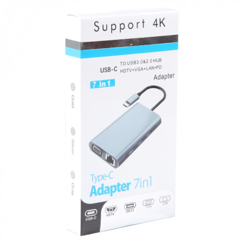 BYL-2111 Adaptateur HUB de station d'accueil USB-C / Type-C vers USB 7 en 1 (Argent) SH516S563-08
