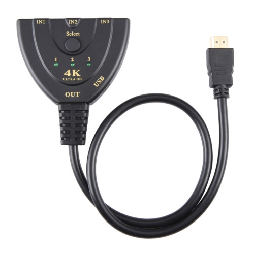 Commutateur HDMI 3 x 1 4K 30Hz avec câble HDMI Pigtail, prise en charge de l'alimentation externe SH2521364-07