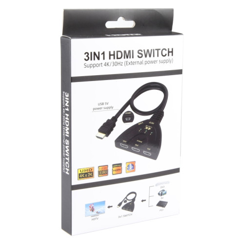 Commutateur HDMI 3 x 1 4K 30Hz avec câble HDMI Pigtail, prise en charge de l'alimentation externe SH2521364-07