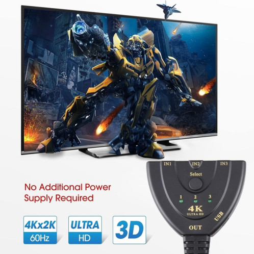 Commutateur HDMI 3 x 1 4K 30Hz avec câble HDMI Pigtail, prise en charge de l'alimentation externe SH2521364-07