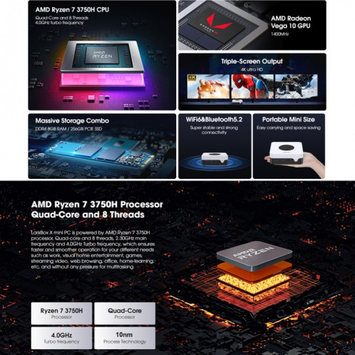 Mini PC CHUWI LarkBox X, Windows 10, AMD Ryzen 7 3750H Quad Core jusqu'à 4,0 GHz, 12 Go + 512 Go, prise en charge WiFi 6, Bluetooth 5.2 SC2558223-013