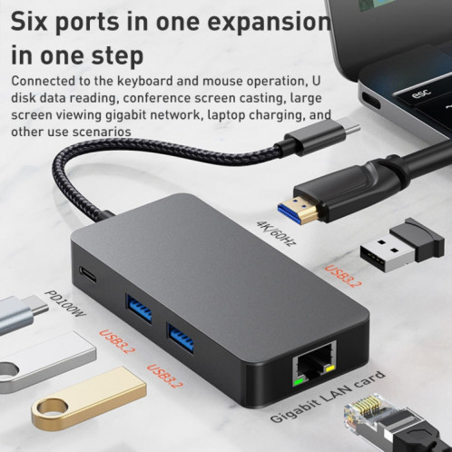 BYL-2308 6 en 1 USB-C / Type-C vers USB3.2 + Internet Gigabit + Adaptateur HUB HDTV (Gris foncé) SH586B1407-07