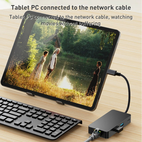 BYL-2308 6 en 1 USB-C / Type-C vers USB3.2 + Internet Gigabit + Adaptateur HUB HDTV (Gris foncé) SH586B1407-07