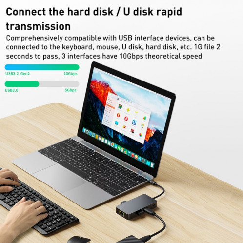 BYL-2308 6 en 1 USB-C / Type-C vers USB3.2 + Internet Gigabit + Adaptateur HUB HDTV (Gris foncé) SH586B1407-07