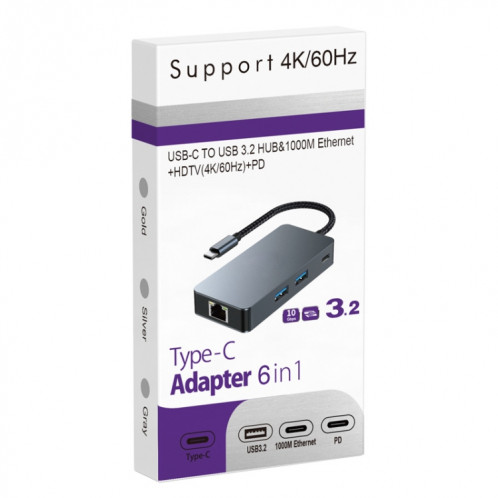 BYL-2308 6 en 1 USB-C / Type-C vers USB3.2 + Internet Gigabit + Adaptateur HUB HDTV (Gris foncé) SH586B1407-07