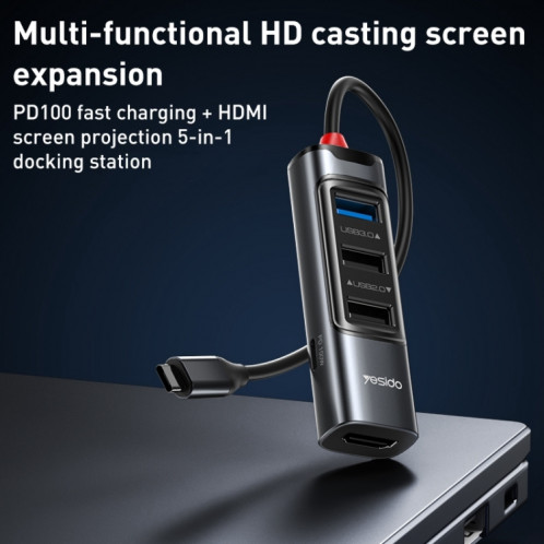Adaptateur HUB de station d'accueil multifonction Yesido HB22 5 en 1 USB-C / Type-C SY25871087-011