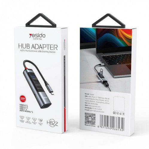 Adaptateur HUB de station d'accueil multifonction Yesido HB22 5 en 1 USB-C / Type-C SY25871087-011