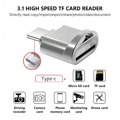Adaptateur de lecteur USB-C / Type-C 3.1 vers carte Micro SD (carte TF) (argent) SH860S1814-07