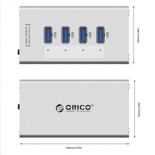 ORICO A3H4 Aluminium Haute Vitesse 4 Ports USB 3.0 HUB avec Alimentation 12V / 2.5A pour Ordinateurs Portables (Argent) SO009S659-012