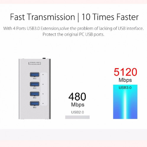 ORICO A3H4 Aluminium Haute Vitesse 4 Ports USB 3.0 HUB avec Alimentation 12V / 2.5A pour Ordinateurs Portables (Argent) SO009S659-012