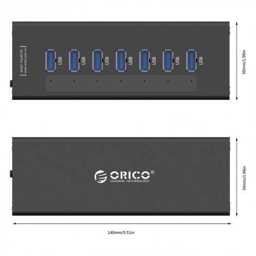 ORICO A3H7 Aluminium Haute Vitesse 7 Ports USB 3.0 HUB avec Alimentation 12V / 2.5A pour Ordinateurs Portables (Noir) SO013B191-010