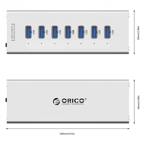 ORICO A3H7 Aluminium Haute Vitesse 7 Ports USB 3.0 HUB avec Alimentation 12V / 2.5A pour Ordinateurs Portables (Argent) SO013S1357-010