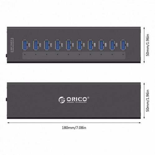 ORICO A3H10 Aluminium Haute Vitesse 10 Ports USB 3.0 HUB avec Adaptateur Secteur pour Ordinateurs Portables (Noir) SO014B1165-011