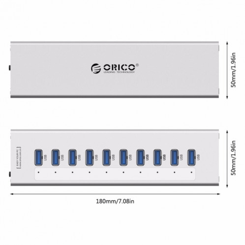 ORICO A3H10 Aluminium Haute Vitesse 10 Ports USB 3.0 HUB avec Adaptateur Secteur pour Ordinateurs Portables (Argent) SO014S1908-011