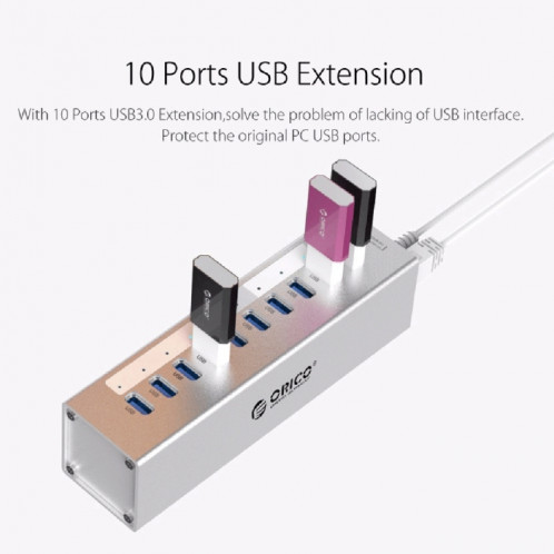 ORICO A3H10 Aluminium Haute Vitesse 10 Ports USB 3.0 HUB avec Adaptateur Secteur pour Ordinateurs Portables (Argent) SO014S1908-011