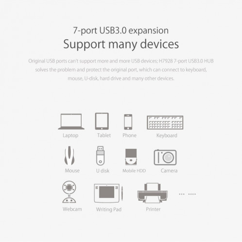 ORICO H7928-U3 ABS Matériel Bureau 7 Ports USB 3.0 HUB avec 1 m de Câble (Noir) SO025B1129-012