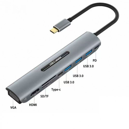 V216 9 en 1 USB-C / TYPE-C à PD + 3 x USB 3.0 + USB-C / TYPE-C + SD + TF + HDMI + HUB Adaptateur de moyeu VGA SH30891583-04