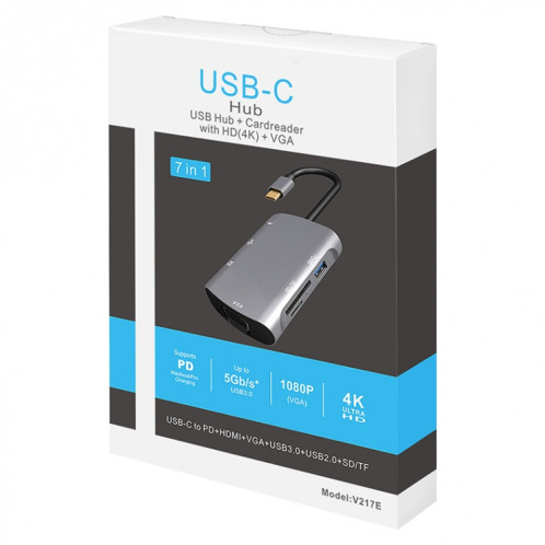 V217E 7 In 1 Type C / USB-C to PD + HDMI + VGA + USB3.0 + UB2.0 + SD / TF Multi-function Type-C / USB-C HUB Docking Station SH31581441-05