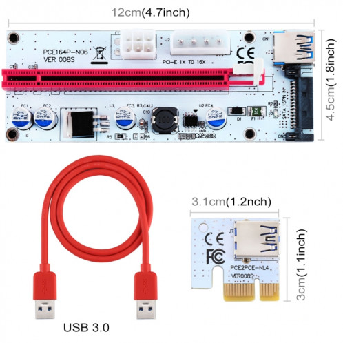 PCE164P-N06 VER008S USB 3.0 PCI-E Express 1x à 16x Adaptateur de carte de rallonge PCI-E 15 broches SATA Power 6 broches + 4 broches Port d'alimentation avec câble USB de 60cm (rouge) SP282R311-010