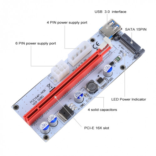 PCE164P-N06 VER008S USB 3.0 PCI-E Express 1x à 16x Adaptateur de carte de rallonge PCI-E 15 broches SATA Power 6 broches + 4 broches Port d'alimentation avec câble USB de 60cm (rouge) SP282R311-010