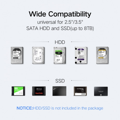 UGREEN US222 HDD Enclosure 2.5 / 3.5 pouces SATA vers USB 3.0 SSD Adaptateur Disque dur Boîtier Disque dur externe, Support UASP Protocol SU3511437-07