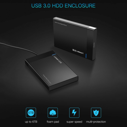 UGREEN US221 Boîtier HDD 2.5 pouces SATA vers USB 3.0 SSD Adaptateur Disque dur Boîtier Disque dur externe, Support UASP Protocol, Câble USB amovible SU512B1499-014