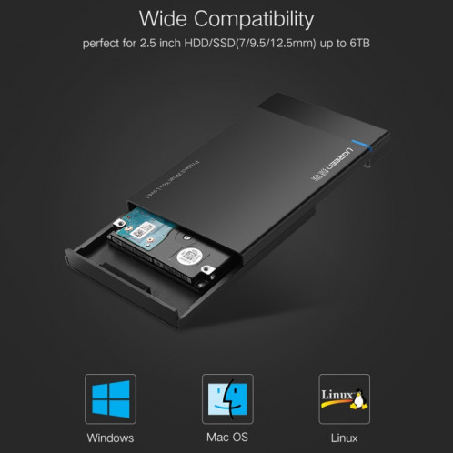 UGREEN US221 Boîtier HDD 2.5 pouces SATA vers USB 3.0 SSD Adaptateur Disque dur Boîtier Disque dur externe, Support UASP Protocol, Câble USB amovible SU512B1499-014