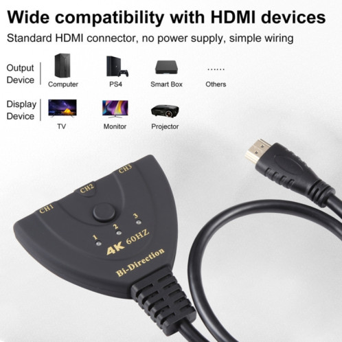 Sélecteur bidirectionnel HDMI 3 x 1 4K 60 Hz avec câble HDMI Pigtail SH3519861-07