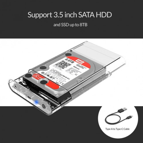 ORICO 3139C3 3,5 pouces SATA HDD USB 3.1 Type-C boîtier de stockage de disque dur externe (Transparent) SO841T1579-07