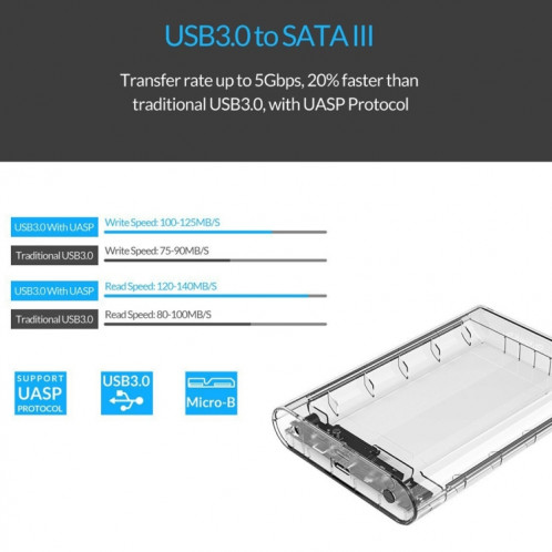 ORICO 3139U3 3.5 pouces SATA HDD USB 3.0 Micro B boîtier de stockage de disque dur externe (Transparent) SO842T172-07