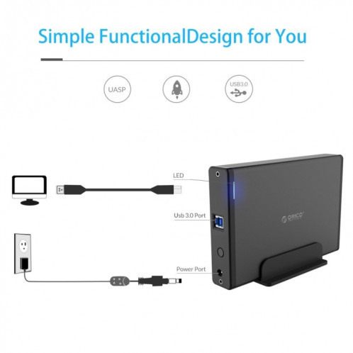 ORICO 7688U3 Vertical Aluminium Disque Dur Externe Boîtier De Stockage Station D'accueil Pour Disque Dur SATA 3,5 pouces (Noir) SO843B1378-08