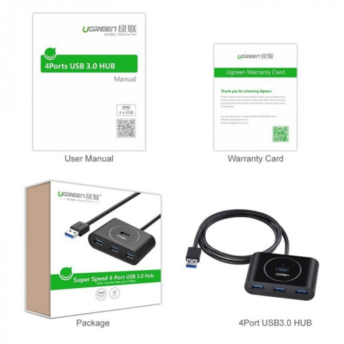 UGREEN Portable Super Speed ​​4 ports USB 3.0 adaptateur de câble HUB, pas de support OTG, longueur de câble: 2 m (noir) SU215B1742-09