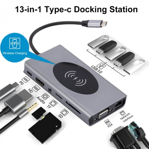 1093 Station d'accueil HUB USB Type-C 13 en 1 avec fonction de chargeur sans fil SH42721635-08