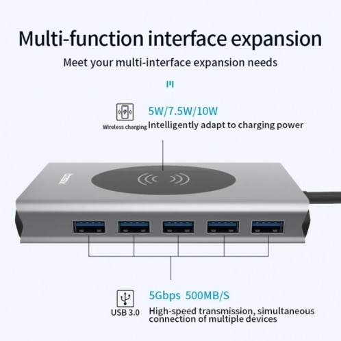 1093 Station d'accueil HUB USB Type-C 13 en 1 avec fonction de chargeur sans fil SH42721635-08