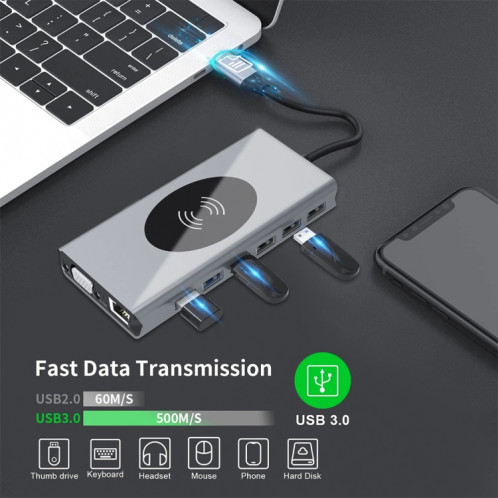 1093 Station d'accueil HUB USB Type-C 13 en 1 avec fonction de chargeur sans fil SH42721635-08