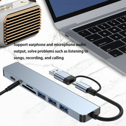 BYL-2218TU Adaptateur HUB de station d'accueil multifonction USB + USB-C / Type-C vers USB 8 en 1 SH4412782-011