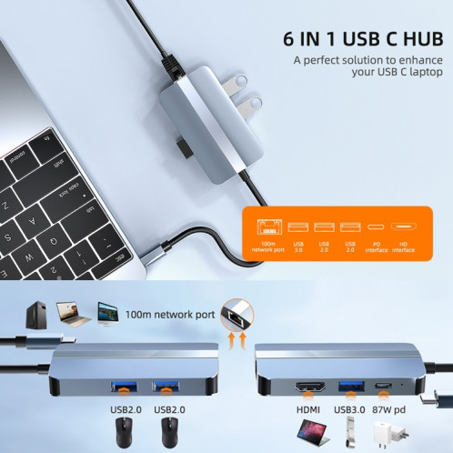 BYL-2203 Adaptateur HUB de station d'accueil multifonction USB-C / Type-C vers USB 6 en 1 SH44161432-011