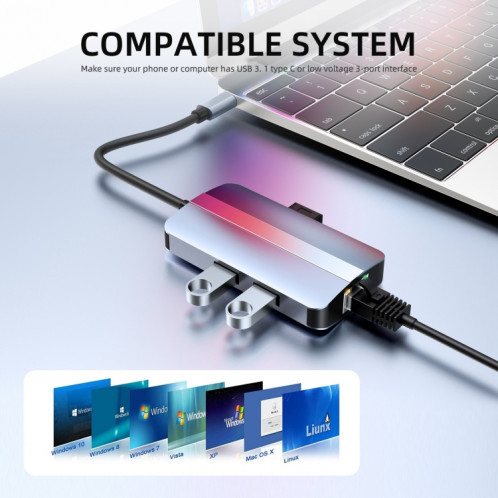 BYL-2203 Adaptateur HUB de station d'accueil multifonction USB-C / Type-C vers USB 6 en 1 SH44161432-011