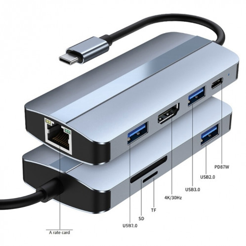 BYL-2205 Adaptateur HUB de station d'accueil multifonction USB-C / Type-C vers USB 8 en 1 SH4418708-08