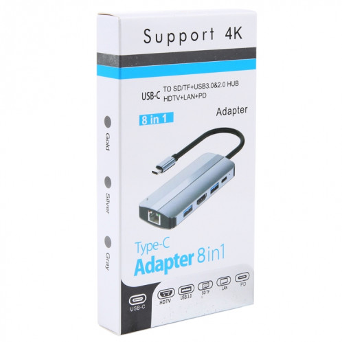 BYL-2205 Adaptateur HUB de station d'accueil multifonction USB-C / Type-C vers USB 8 en 1 SH4418708-08