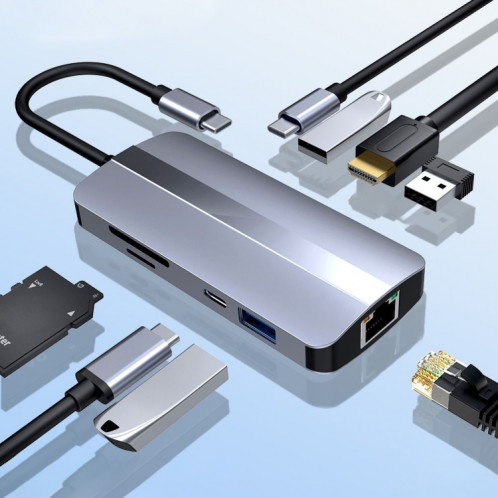 BYL-2206 Adaptateur HUB de station d'accueil multifonction USB-C / Type-C vers USB 9 en 1 SH44191129-08