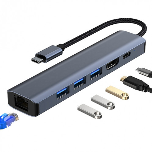 BYL-2210 Adaptateur HUB de station d'accueil multifonction USB-C / Type-C vers USB 6 en 1 avec port réseau 1000M SH44211355-012