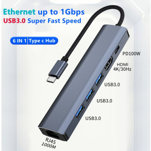 BYL-2210 Adaptateur HUB de station d'accueil multifonction USB-C / Type-C vers USB 6 en 1 avec port réseau 1000M SH44211355-012