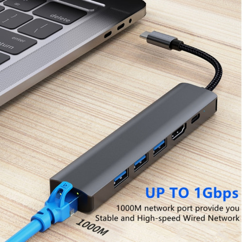 BYL-2210 Adaptateur HUB de station d'accueil multifonction USB-C / Type-C vers USB 6 en 1 avec port réseau 1000M SH44211355-012