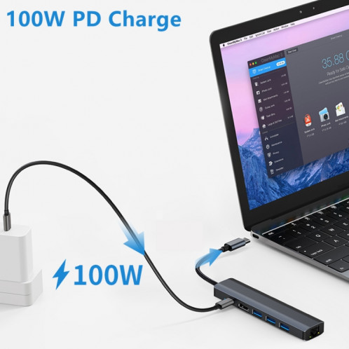 BYL-2210 Adaptateur HUB de station d'accueil multifonction USB-C / Type-C vers USB 6 en 1 avec port réseau 1000M SH44211355-012