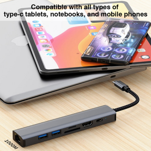 BYL-2303 Adaptateur HUB de station d'accueil multifonction USB-C / Type-C vers USB 7 en 1 SH442264-09